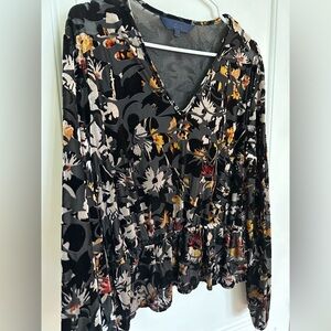 Rachel Floral velvet sheer, autumn colors, V-Neck Blouse - Black and Multicolor